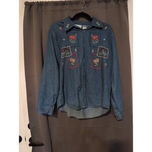 Allyson Whitmore Petite Embroidered Denim Jean Shirt, Women's Large Floral Top